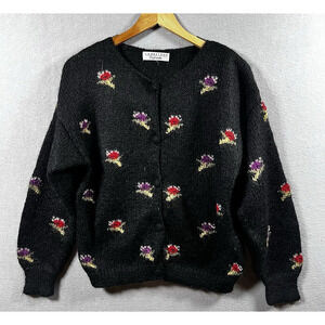Vtg Cambridge Dry Goods Cardigan Sweater Womens Size Medium Floral Retro Granny